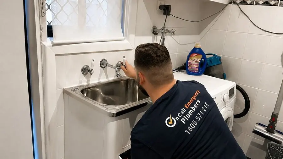 Plumber working at a laundry sink, Elwood